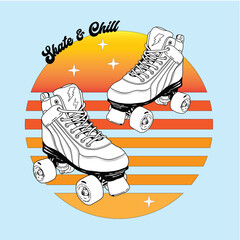 Roller skates ride and chill, Vector vintage skating poster with motivational typography.  sketch illustration with quote. 80s, 90s retro Party decoration.