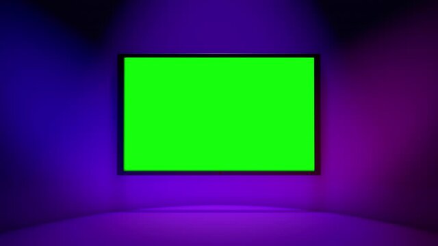 3D rendering, Mock up television with close up shot, error signal and green screen animation display on screen, hanging on purple blue gradient background, technology concept design.