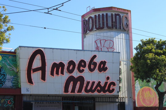 San Francisco,August07 2012:Neon sign of the Amoeba Music store in famous Haight Ashbury district with the biggest, broadest, most diverse collection of music and movies-a must for music fans to visit