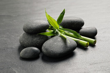Obraz na płótnie Canvas Spa stones and bamboo stems on grey table