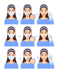 A beautiful brunette wears a medical mask.Skin problems.Pimples, close-up pimples and sunburn, clean face. Flat cartoon color style.White background.Vector illustration.