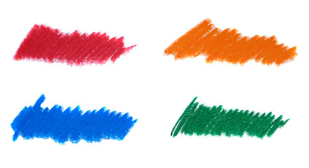 Abstract crayon on white background. Blue, orange, green and red crayon scribble texture.