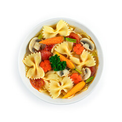 Farfalle Pasta Soup with carrots, onion and Mushrooms