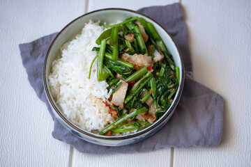 Stir Fried Morning Glory with Crispy Pork and Steamed Rice