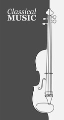 Musical acoustic instrument violin. Minimalistic black and white design, modern style. Continuous line drawing of a violin.