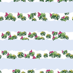 Vector pastel blue background tropical, exotic cheese plant, monstera, hibiscus flowers. Seamless pattern background