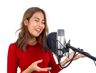 Young asian woman in red t-shirt singing with microphone on white background. Musician producing...