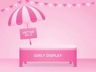 Pastel pink backdrop and cute pink table for putting your object with striped umbrella and triangle rail flag