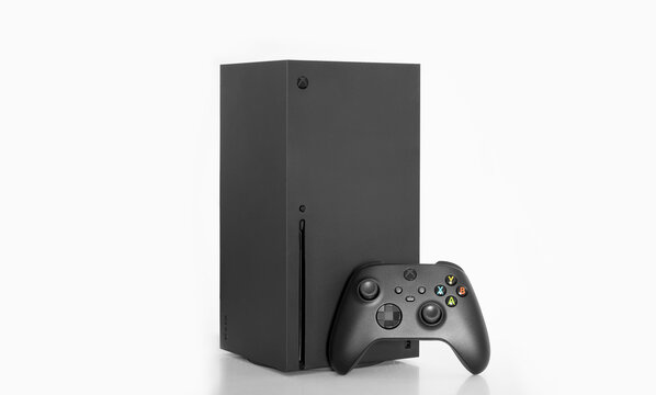 Xbox Series X and controller on white background, 22 May,  2021, Sao Paulo, Brazil