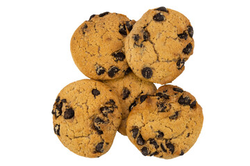 Several cookies with pieces of chocolate isolated on a white background.