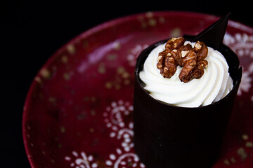 Close up Chocolate Mousse Cake on Black Background