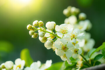 Branch of flowering bird cherry in white flowers