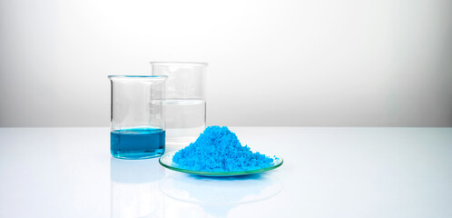 Close up inorganic chemical on white laboratory table. Copper(II) sulfate,  alcohol. Chemical...
