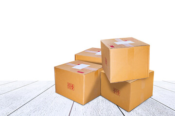 parcel crate box post for delivery shipping, cardboard paper carton box brown for packaging delivery, crate cargo paper box on wood white floor, merchandise stock in warehouse concept, copy space