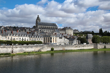 Fototapeta na wymiar Blois, France. Loire River Embankment, Saint-Louis Cathedral 