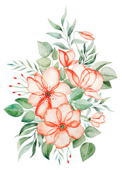 Watercolor pink flowers and green leaves bouquet illustration
