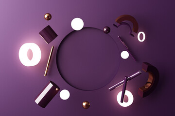 Mock up composition of geometric shape gold and glass texture with purple color podium for product design, 3d rendering, 3d illustration