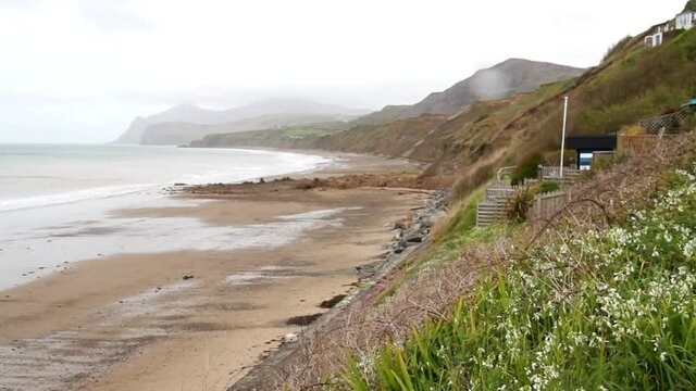 View over the landslip at Nefyn, Llyn Peninsula, Wales, UK. This happened in April 2021, this image taken in May 2021.