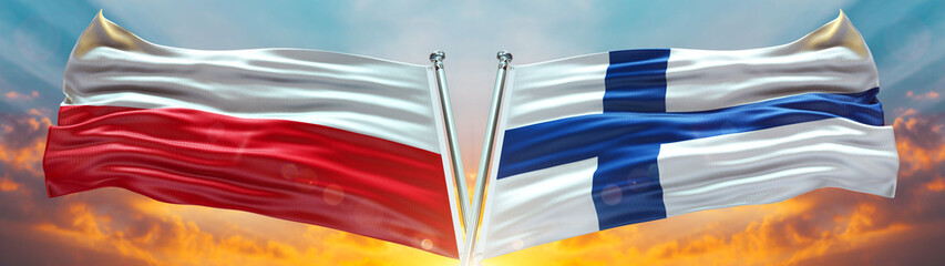 Poland Flag and Finland flag waving with texture sky Cloud and sunset Double flag 