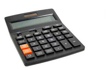 Black calculator on white background, isolate.