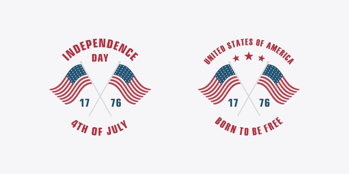 Set of color illustrations of flag, stars and text on a white background. Vector illustration in vintage style for poster, sticker, emblem and label. Independence Day of the USA.