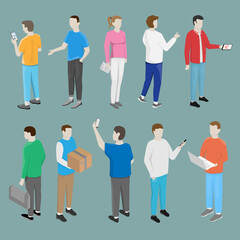 A set of isometric people, in different clothes, different actions and objects.