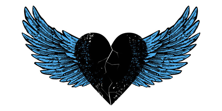 Vector design for t-shirt of a  black heart with wings isolated on white. Illustration of a broken heart flying.	