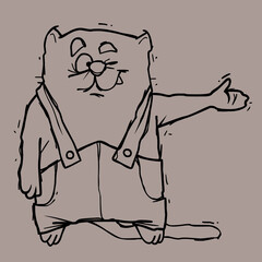 sketch of a cartoon cat in overalls pointing his paw to the side