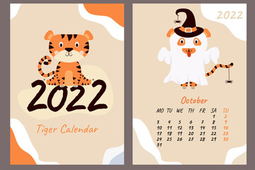 Set - October 2022 calendar and cover. Cute ghost tiger in a hat with spiders, Halloween holiday. Year of the Tiger in Chinese or oriental. Vertical A4 template. Week starts on Monday
