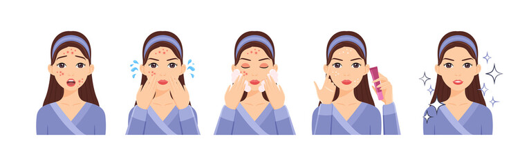 A cute cartoon brunette lady with acne on her face takes care of problem skin.The woman washes her face and applies acne cream. Healthy and clean skin. White background. Vector stock illustration.