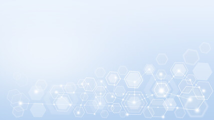  White and gray abstract background of the molecules. The hexagonal structure of chemistry. Molecular studies. in medicine, education, business and technology