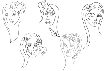 Lineart portraits of young beautiful women with flowers. One Line style drawing. 