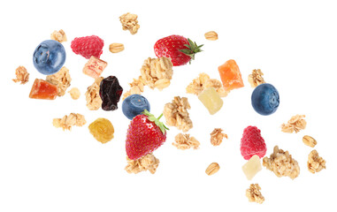 Delicious granola, berries and dried fruits falling on white background. Healthy snack