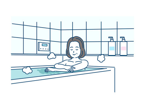 入浴する中高年の女性　お風呂　ミドル　イラスト素材