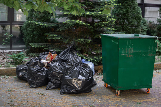 Garbage bags next to the dumpster. Garbage container in the park. Caring for the environment