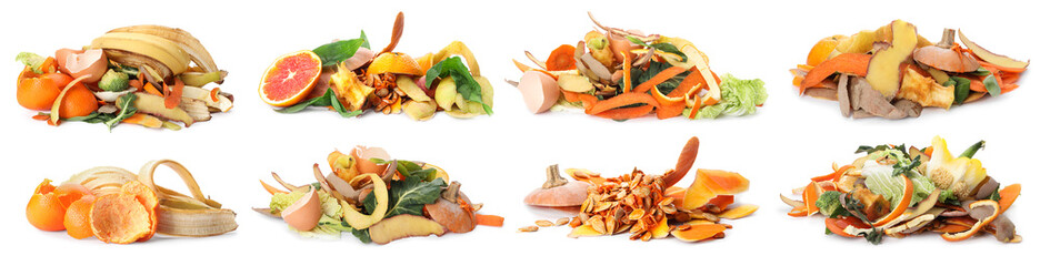 Set with organic waste for composting on white background. Banner design