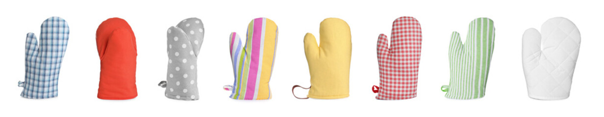 Set with different oven gloves on white background. Banner design