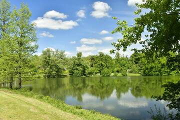 Le petit étang Tenreuken entouré de végétation luxuriante sous des cumulus de beau temps à Watermael-Boitsfort 