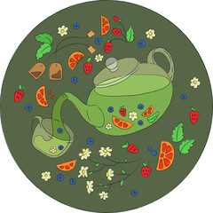 Making aromatic green tea with lemon, mint, strawberries and chamomile.