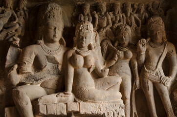 Carving in Ellora caves near Aurangabad, Maharashtra state in India