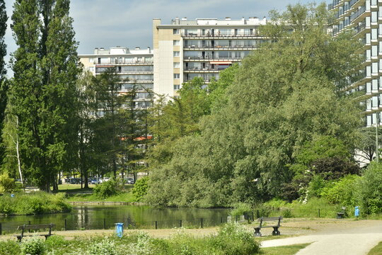 Contraste entre la v&eacute;g&eacute;tation luxuriante du parc d'Anderlecht et les barres de la cit&eacute; Jules Vives au sud ouest de la R&eacute;gion de Bruxelles Capitale 