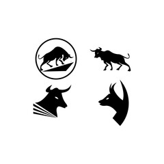 Bull set. Stylized silhouettes of standing in different poses and butting up bulls. Isolated on white background. Bull logo designs set. Vector illustration.