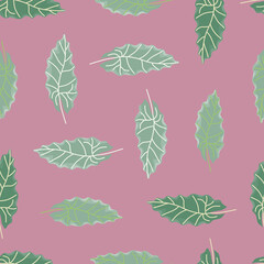 Light green hand drawn doodle leaves seamless pattern. Lilac background. Nature botanic ornament.