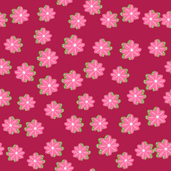Fototapeta na wymiar Random little pink daisy flower silhouettes seamless pattern. Bright background. Scrapbook print.