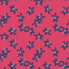 Navy blue random orchid flowers seamless pattern in tropic style. Pink bright background. Doodle style.