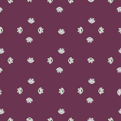 Geometric style seamless blossom pattern with little doodle flower ornament. Purple background. Nature backdrop.