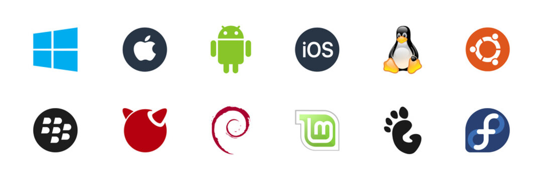 Main OS Logo Set: Windows, MacOS, Android, IOS, Ubuntu, Linux, Freebsd, Blackberry, Fedora, Gnome, Debian . Isolated Operating System Icons On White Background. Editorial Illustration.