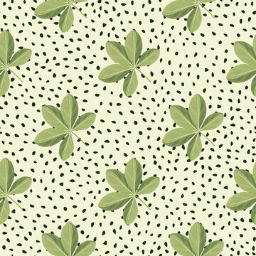 Green colored scheffler flowers ornament seamless doodle pattern. White dotted background. Simple style.