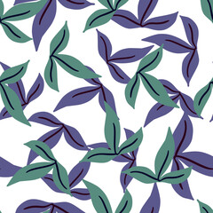 Isolated botanic seamless pattern with navy blue and turquoise simple leaves shapes. White background.