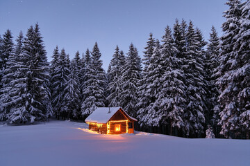 Wooden hut on the lawn covered with snow. The lamps light up the house at the evening time. Winter...